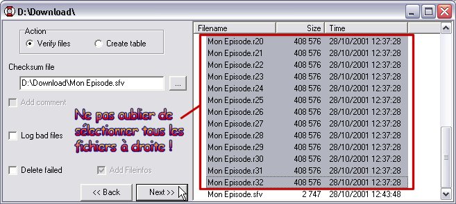 Win-sfv32 - sélection des fichiers